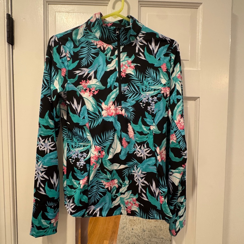 Tommy Bahama Golf Teal and Pink Floral Half-Zip Pullover